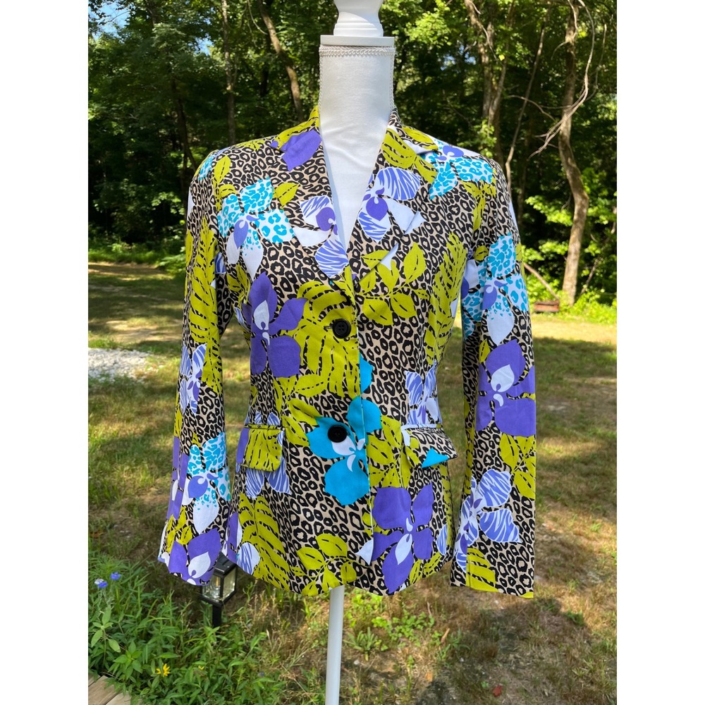 Vintage 90s Joni B Floral Leopard Print Cotton Stretch Blazer Women's S